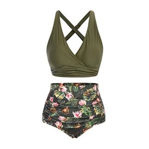 Hanna Nikole Two piece swimsuit, Army green with floral bottoms